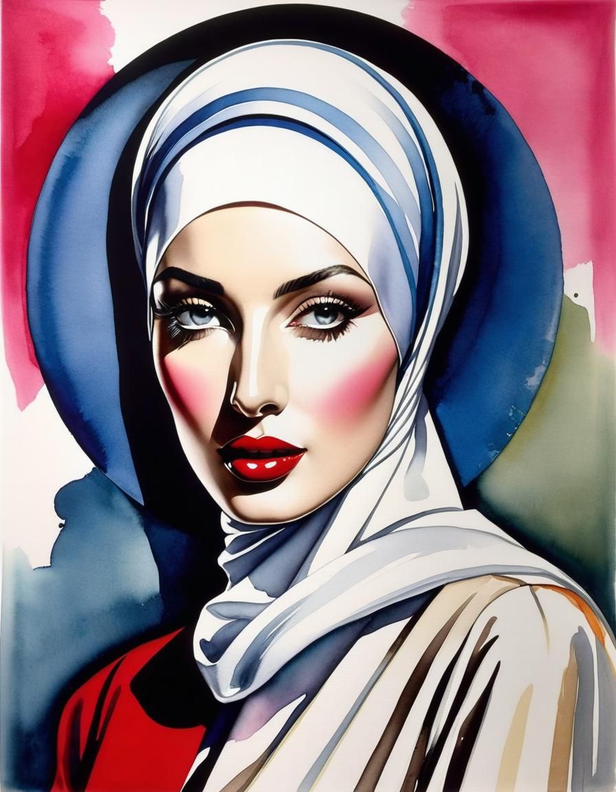 Sweet Hijabi Woman Portrait in Pop Art Style