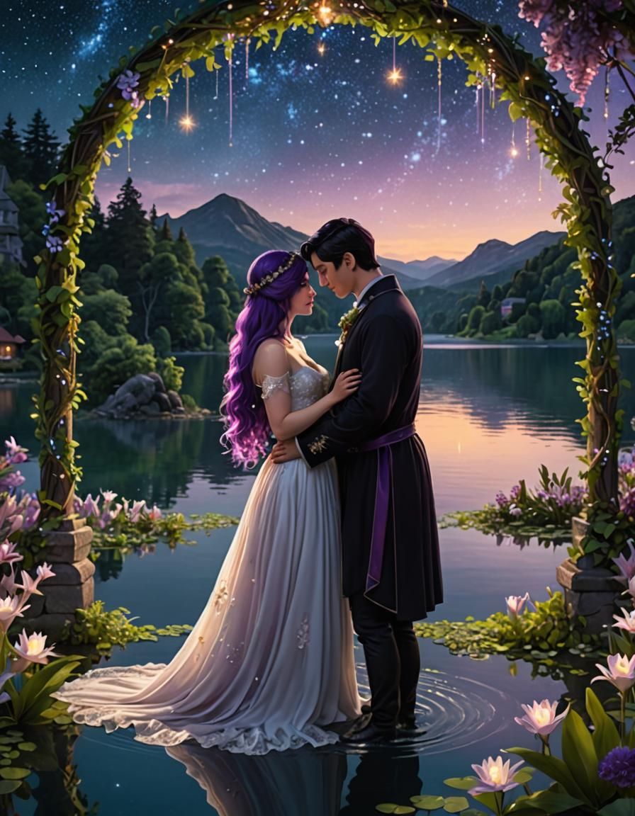 Romantic Lakeside Handfasting Ceremony Under Twinkling Light...