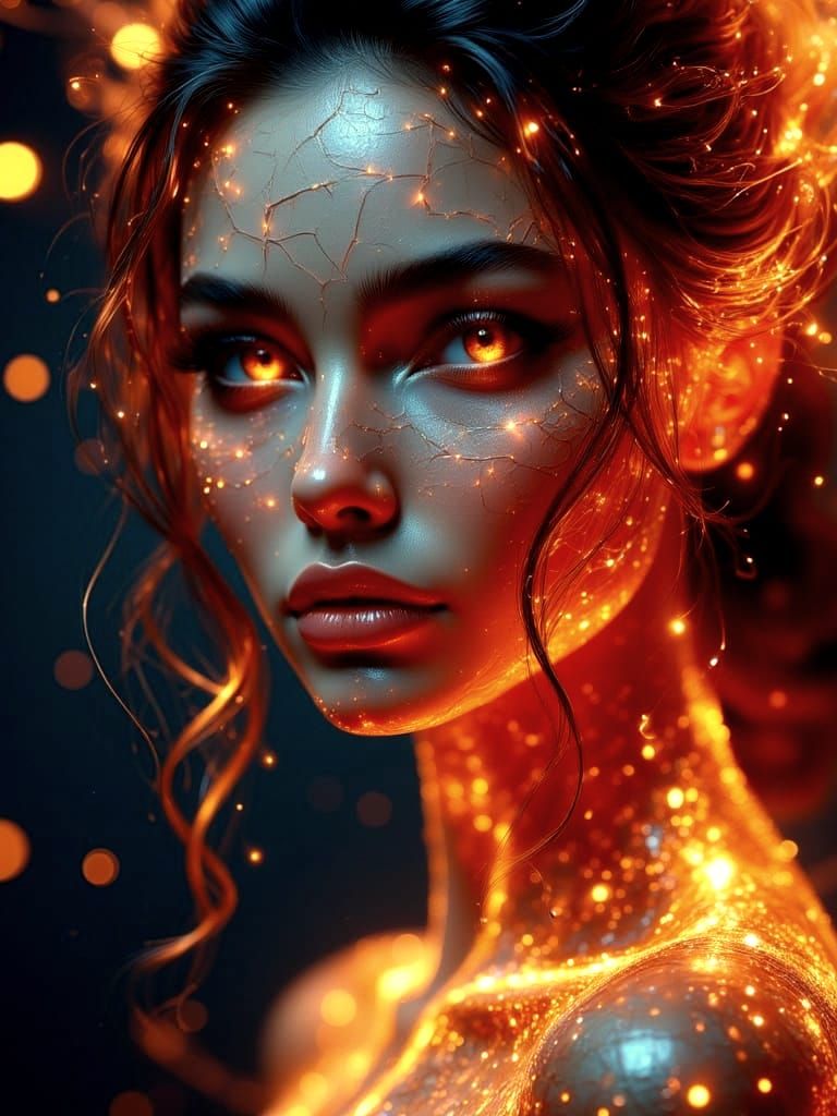 Ember Goddess in Intricate Futuristic Attire