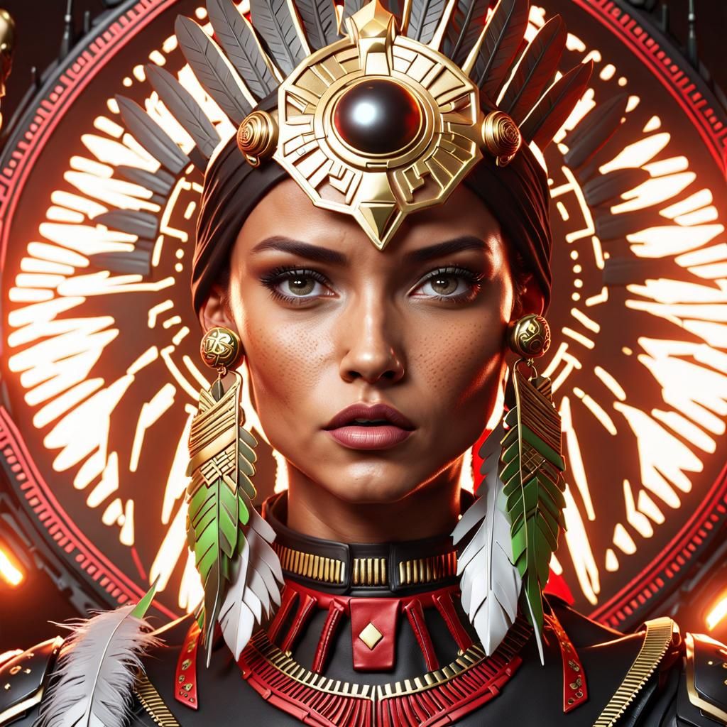 Aztec Woman in Cyberpunk Armor, Hyperreal 3D Rendering
