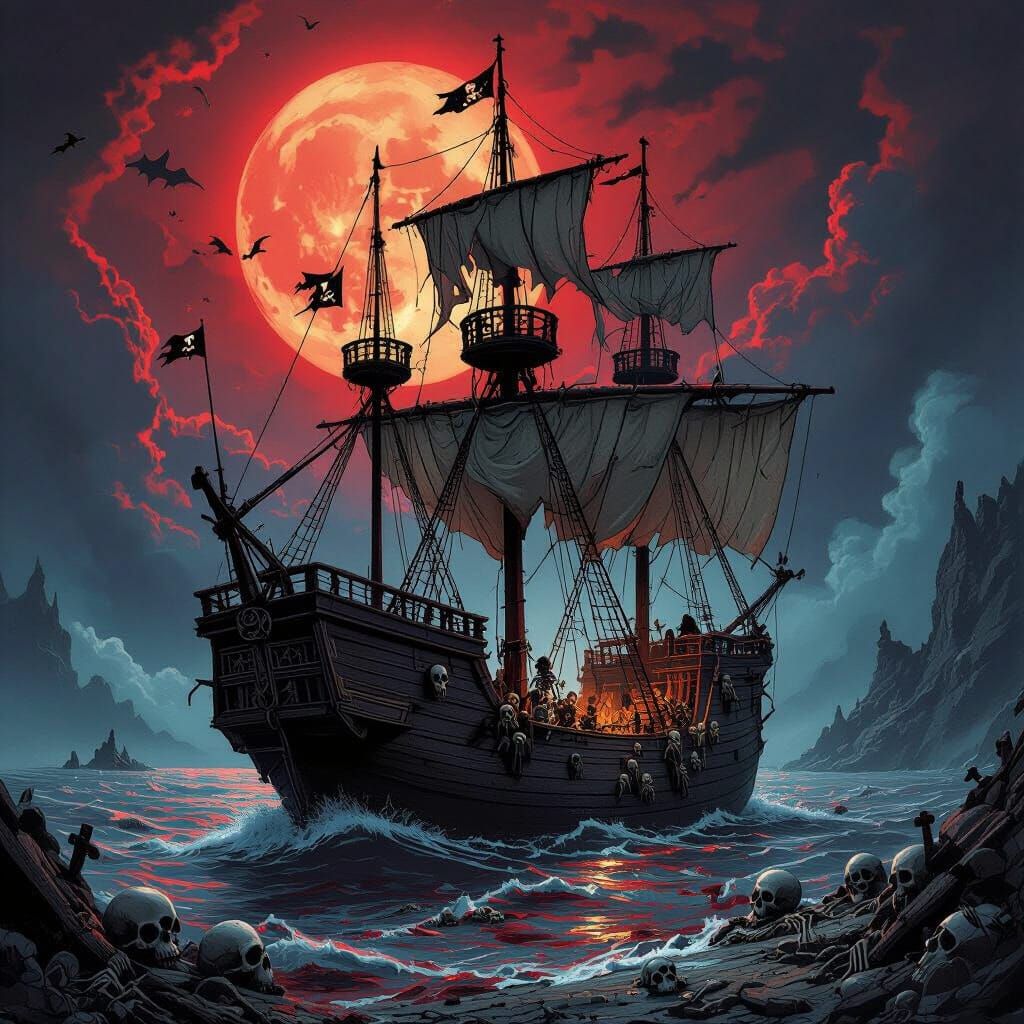 Haunted Pirate Ship Sails Crimson Sea: Dark Fantasy Art