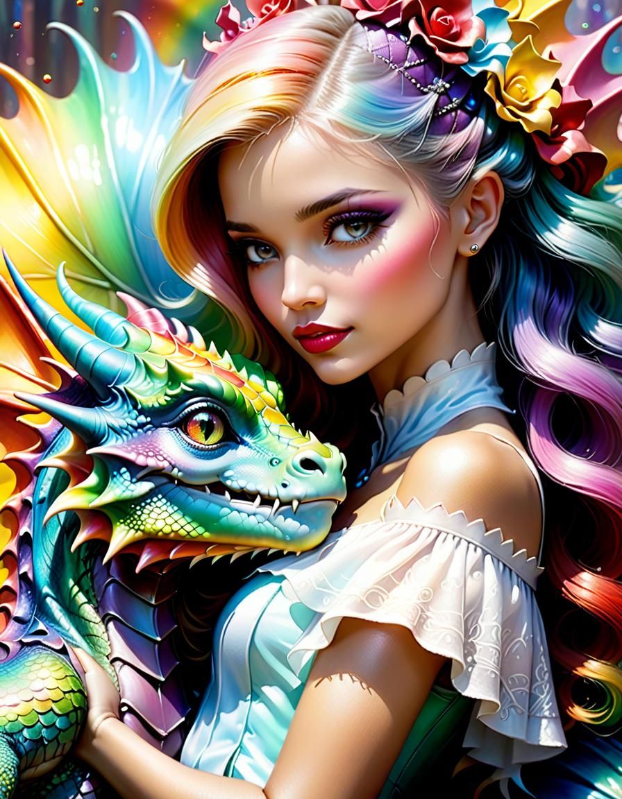 Dreamlike Portrait of Girl with Dragon in Pastel Art