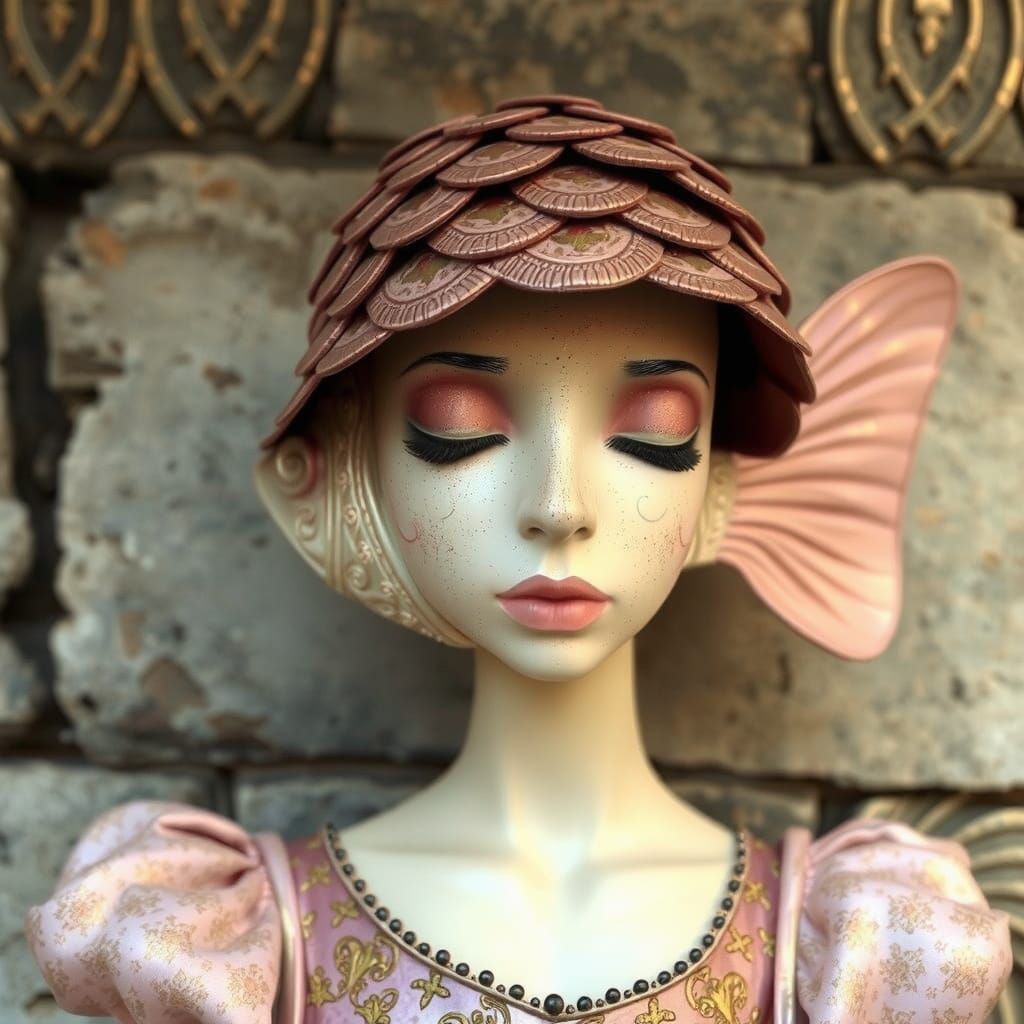 Anthropomorphic Fish Woman in Pastel Pink and Gold