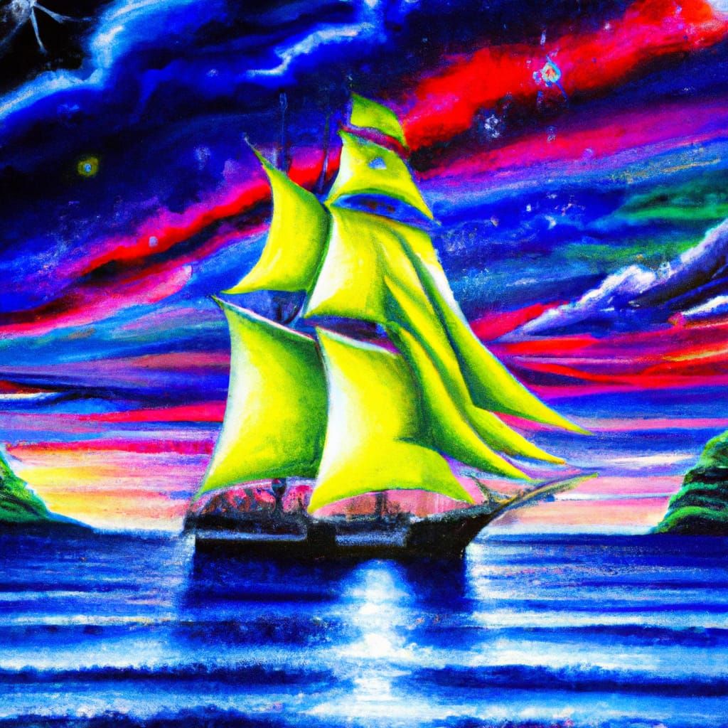 Wax Crayon Sailing Ship in Fantasy Landscape