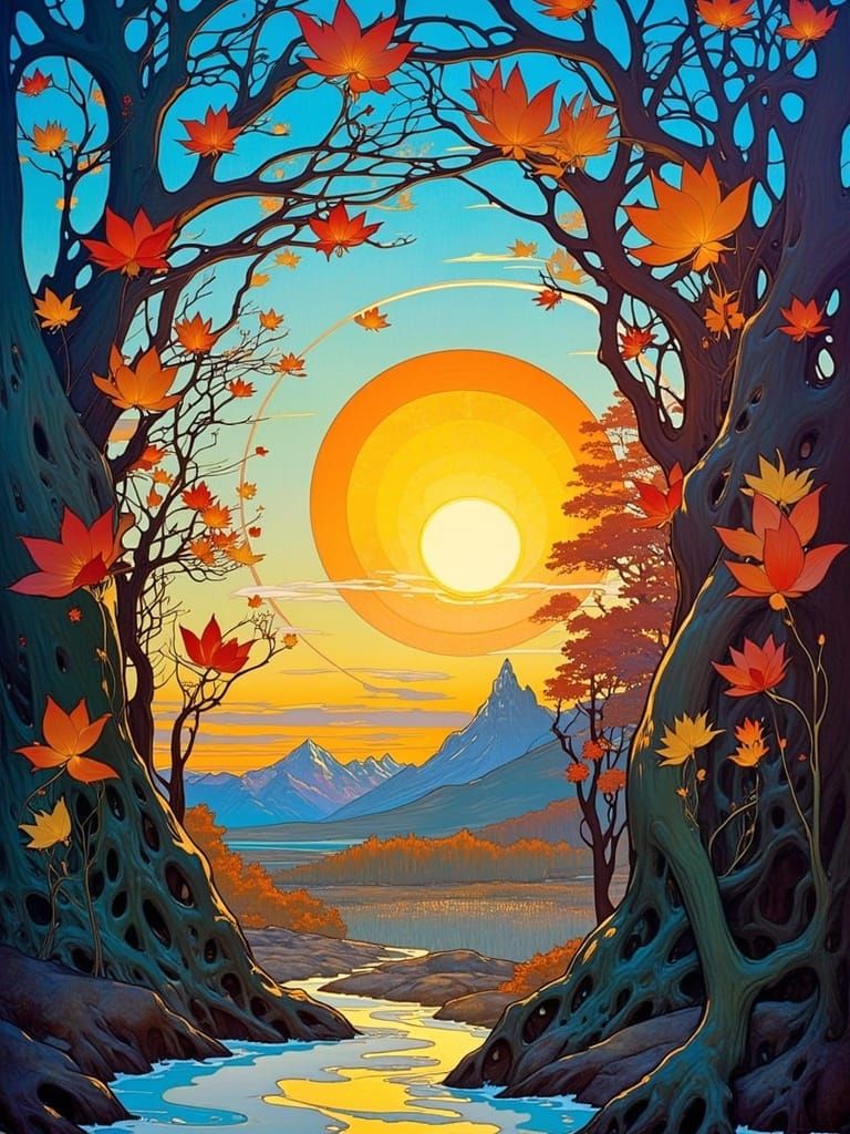 Art Nouveau Seasons Split Image: Whimsical Dreamlike Landsca...