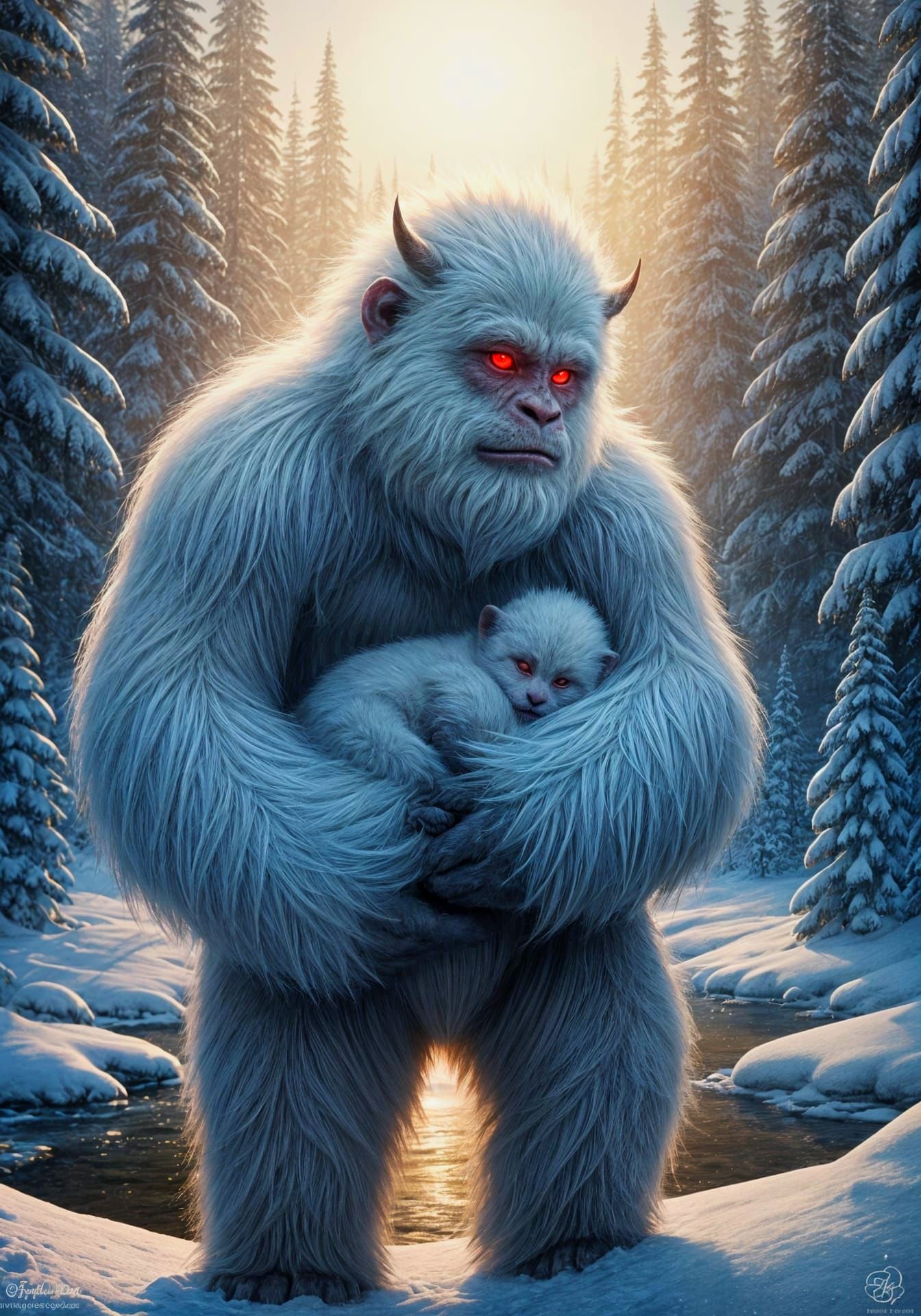 Kind yeti cradling a baby