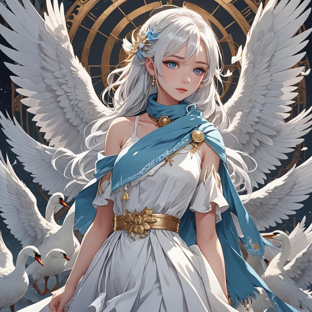 Anime Girl with Swan Crest in Cel-Shaded Style