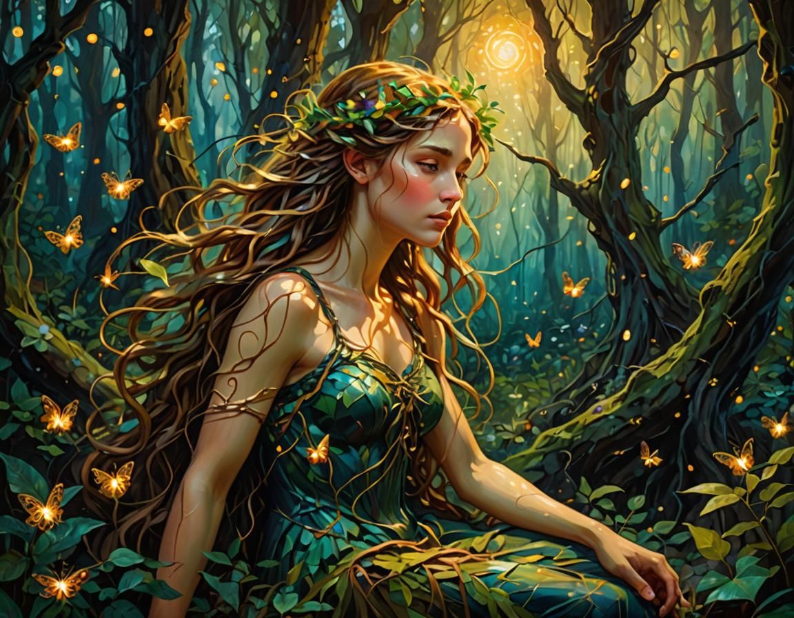 Forest Nymph in Mystical Forest: Oil Painting