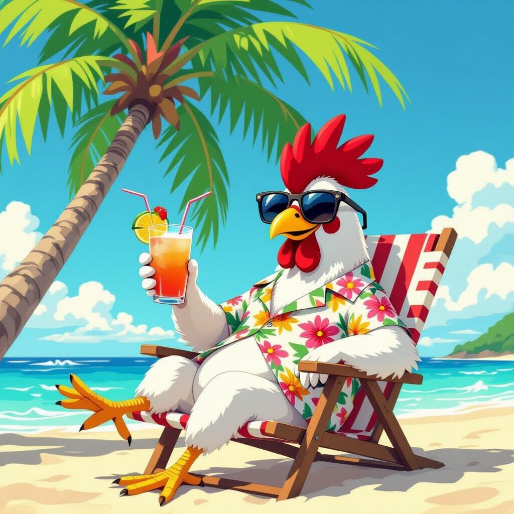 Cartoon Chicken on Vacation in Disney Style