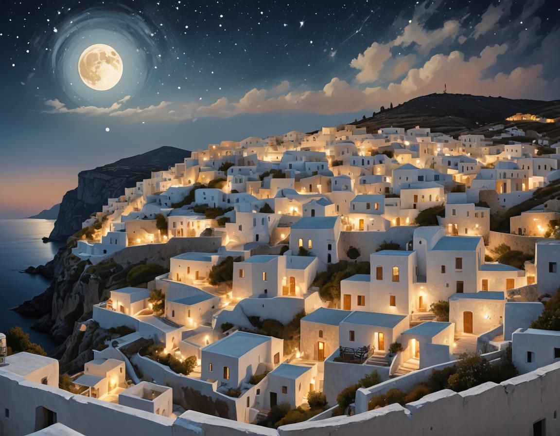 Greek Island Village at Night in Surreal Style