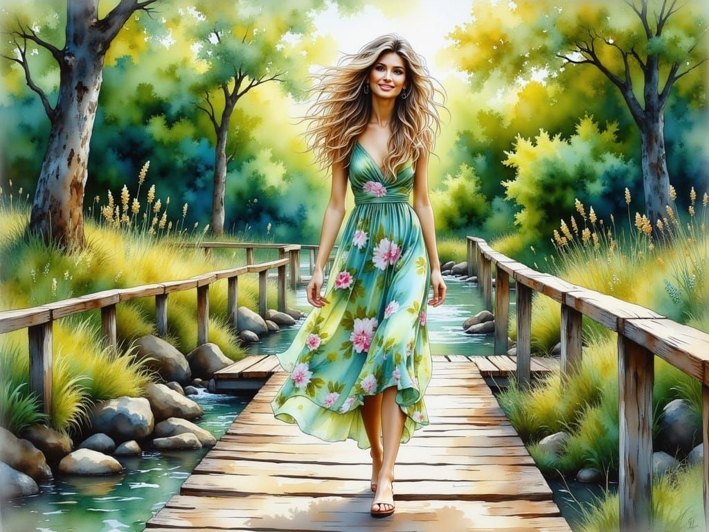 Woman in Floral Dress on Wooden Bridge in Summer Forest