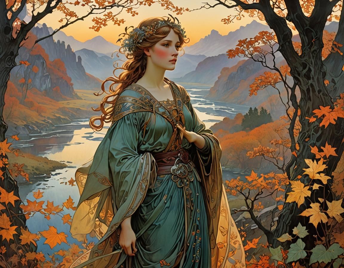 Misty Autumn Valley in Art Nouveau Style