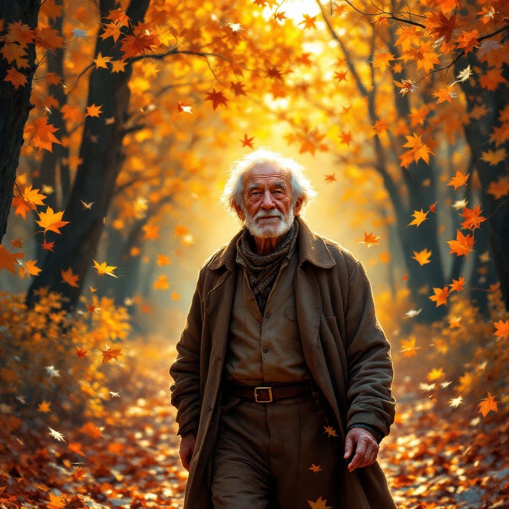 Nostalgic Old Man in Swirling Autumn Leaves, Gouache Style