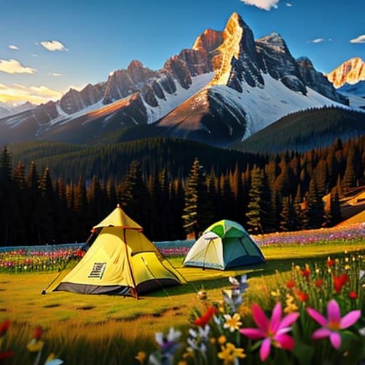 Blonde Backpacker with Tent in Mountain Field on Spring Day