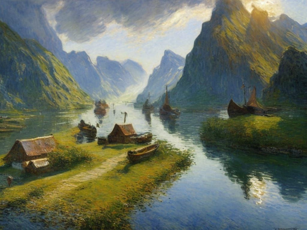 Viking Longboats in Norway Fjord: Impressionistic Landscape