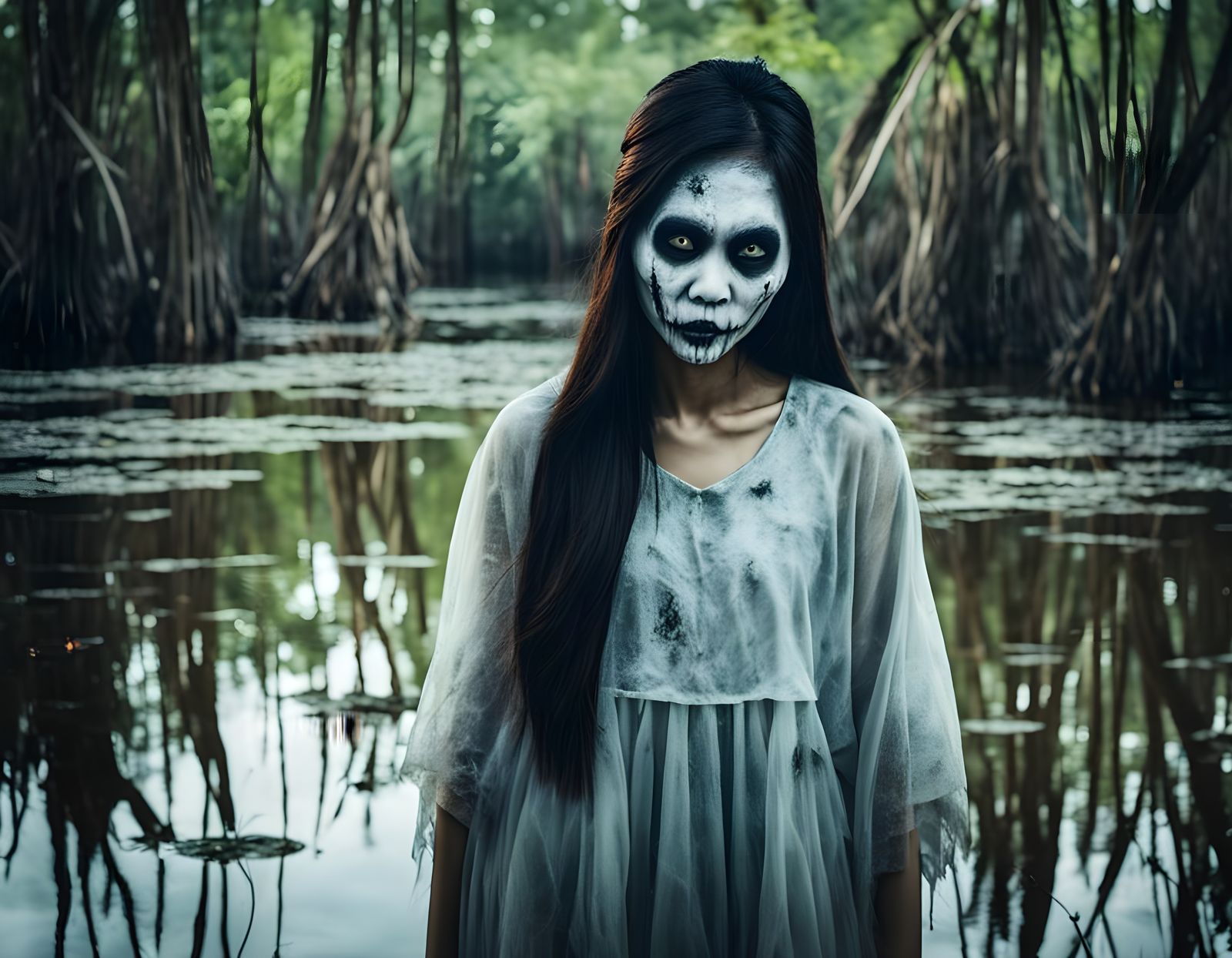 Asian Woman Ghost Face Portrait in Swamp