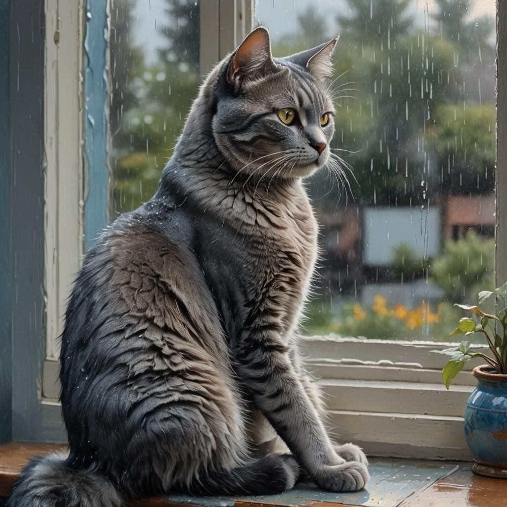 Grey Cat Gazing Out Window: Hyperrealistic Concept Art