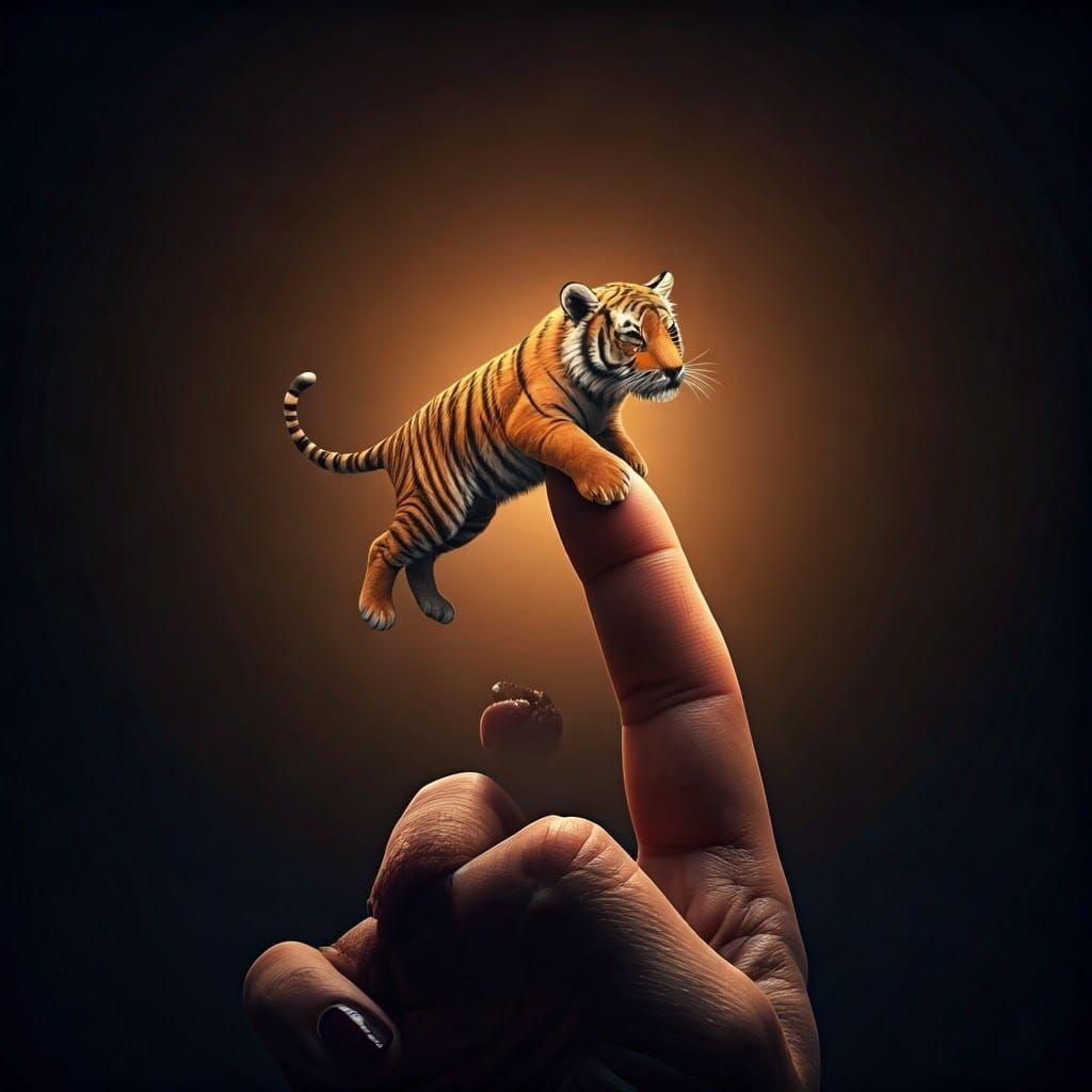 Orange Tiger Perched on Finger in Hollywood Style