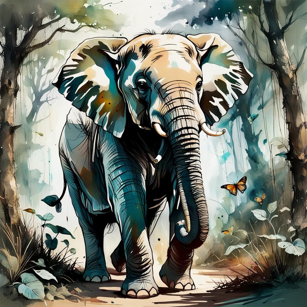 Playful Baby Elephant in Nature, Mixed Media Art