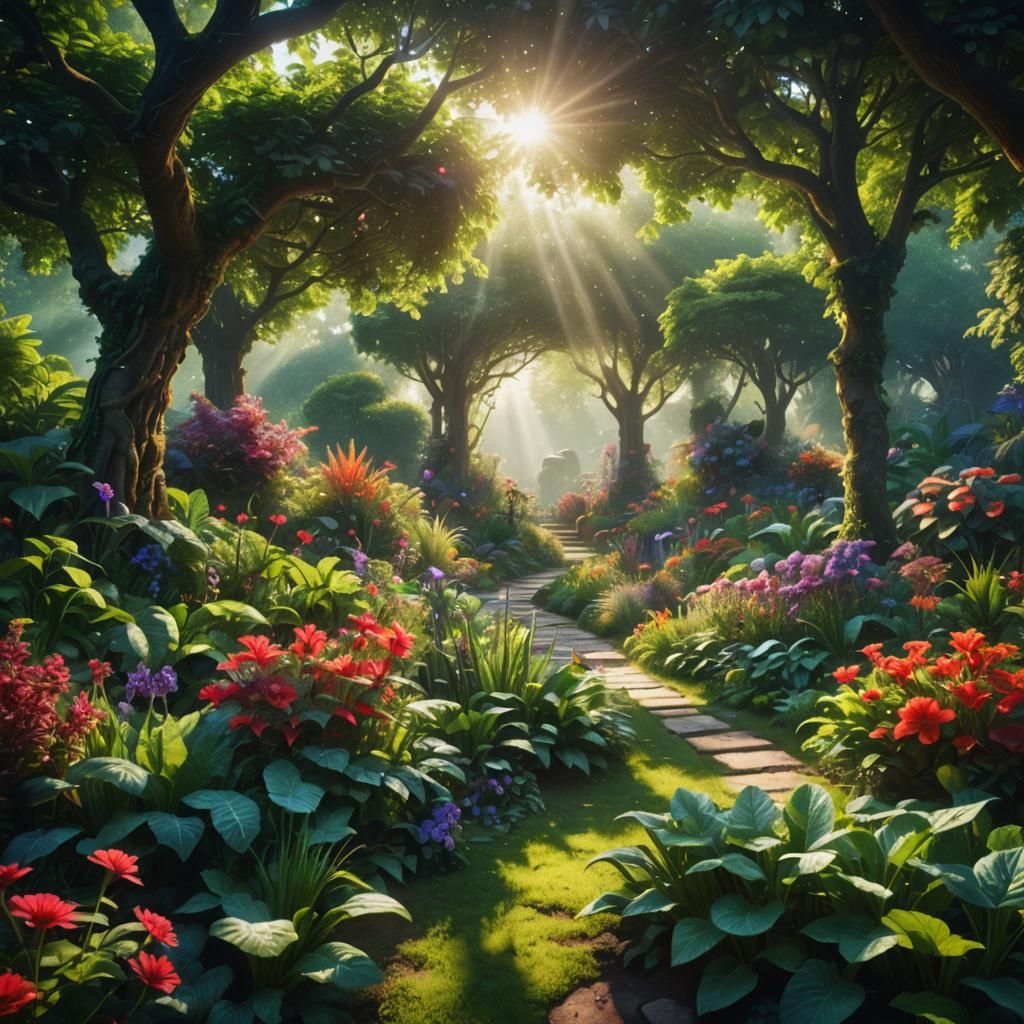 Lush Summer Garden in Dreamlike Fantasy Scene