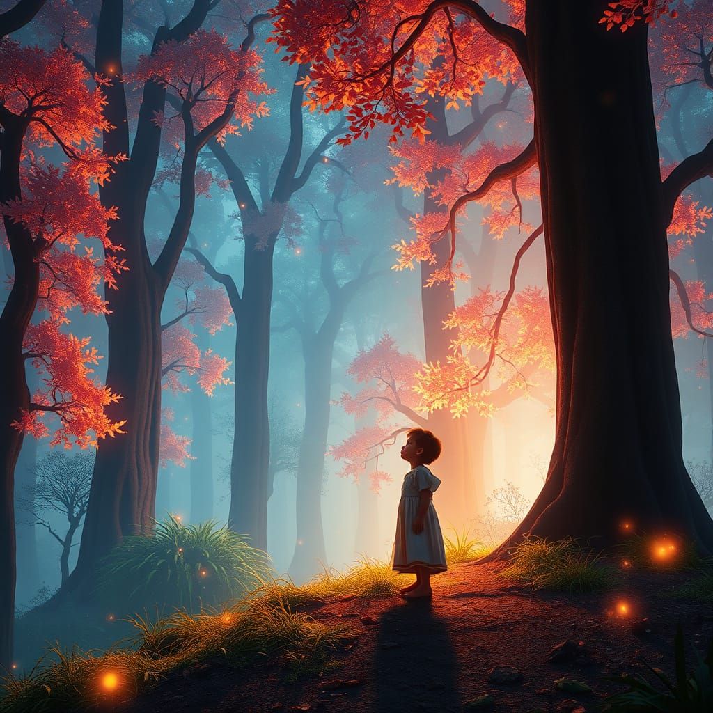 Whimsical Child in a Vibrant, Surreal Forest