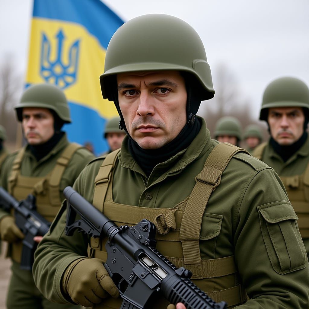 Soldier in Olive Green Uniform with Ukrainian Flag