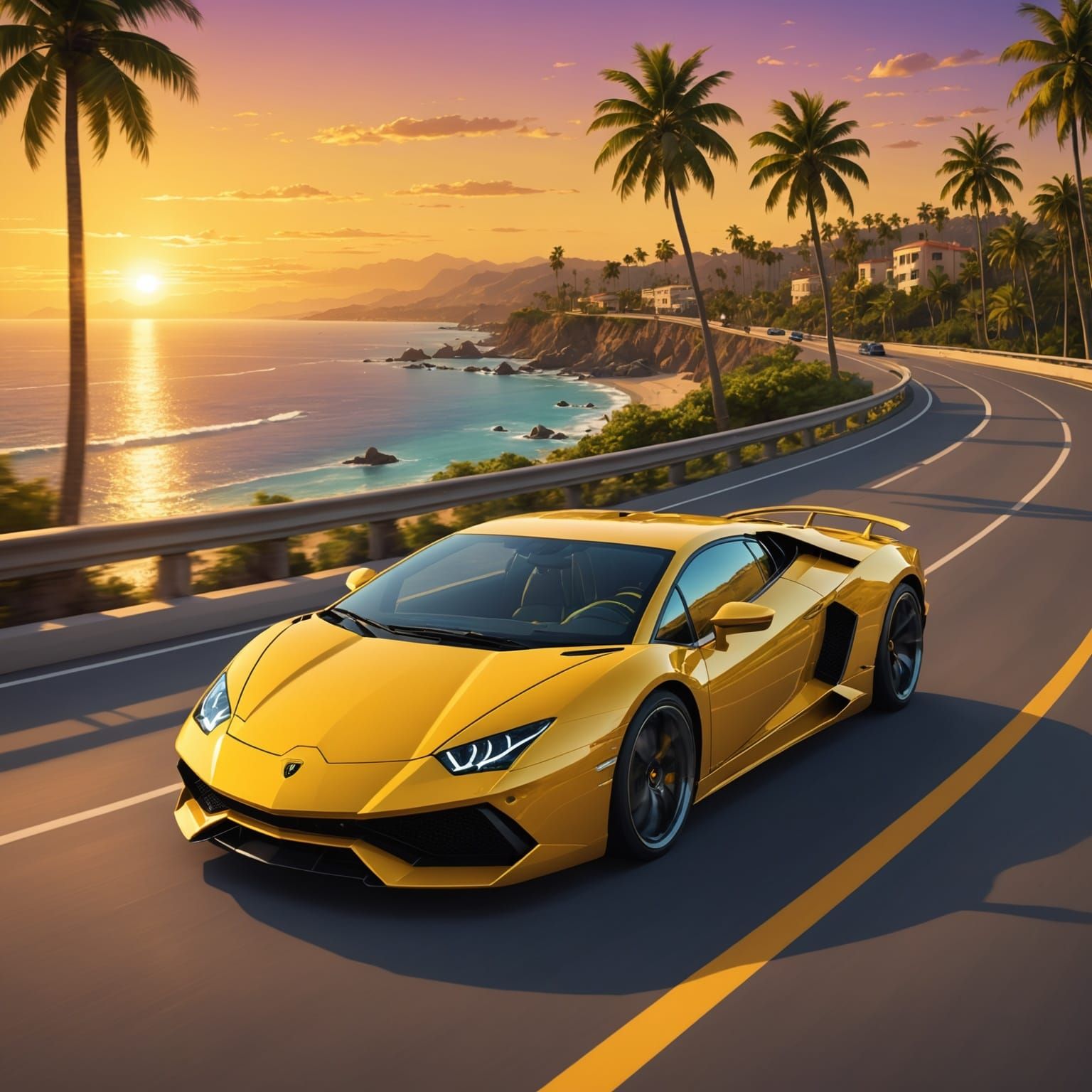 Futuristic Yellow Lamborghini Sunset Drive, Hyperrealistic A...