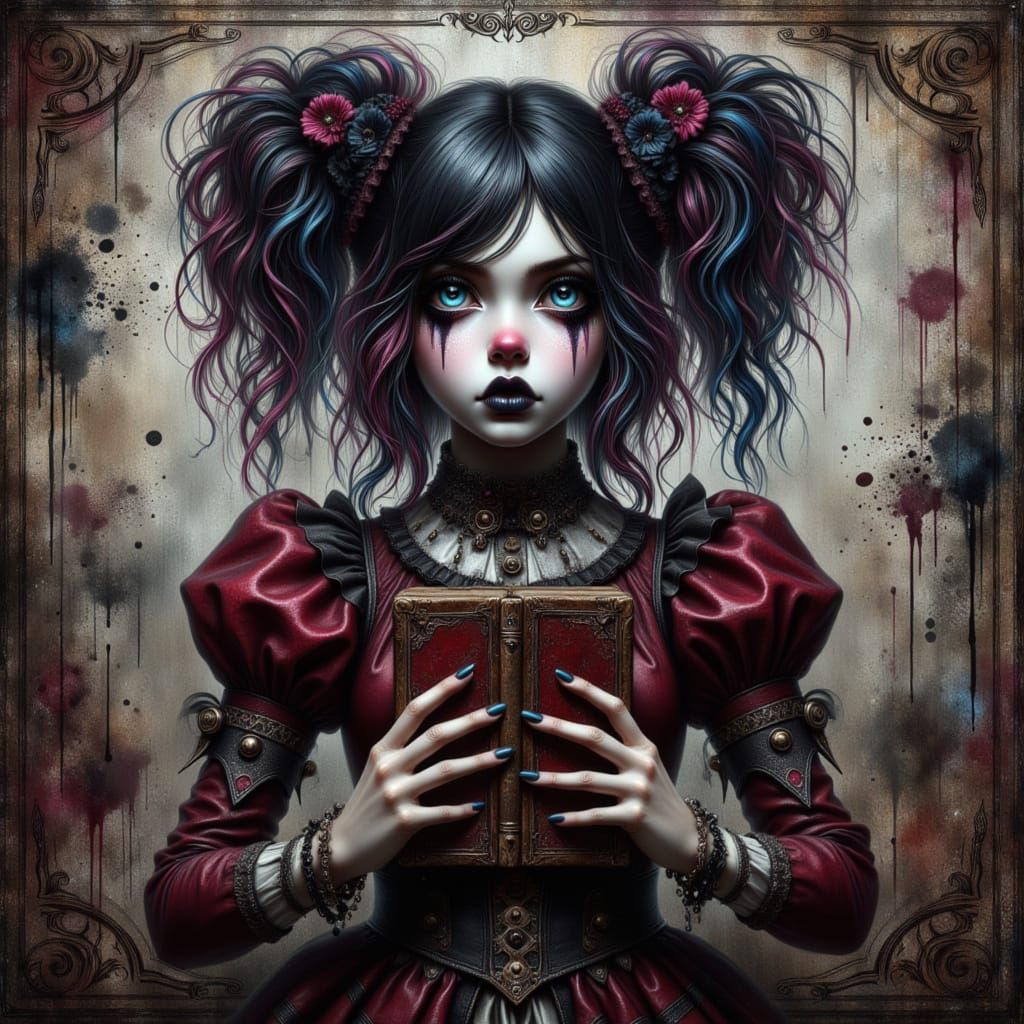 Goth Girl in Harlequin Style with Maroon, Silver, and Navy