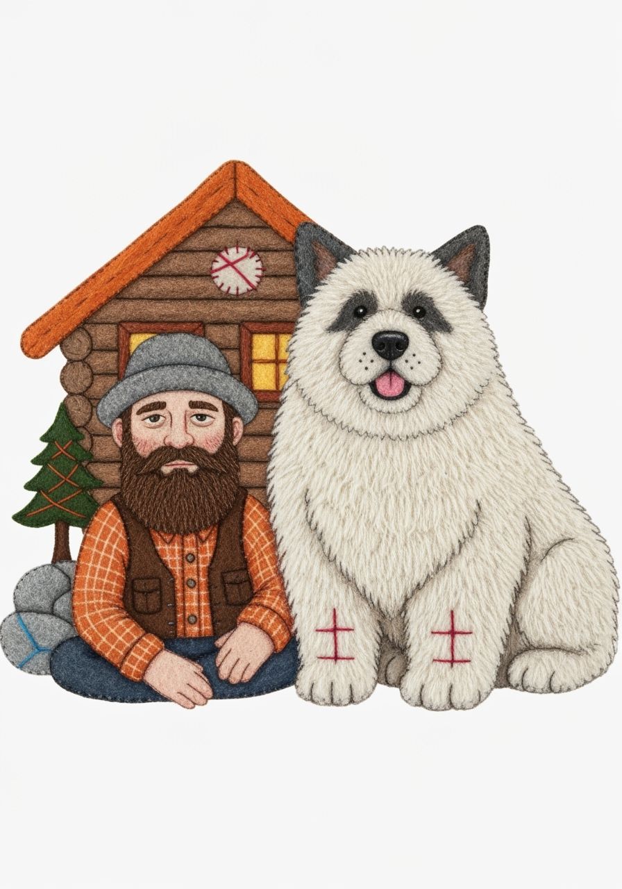 Cozy Cabin Scene with Mountain Man and Dog
