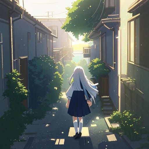 Serene Schoolgirl in Futuristic Alleyway, Inspired by Studio...