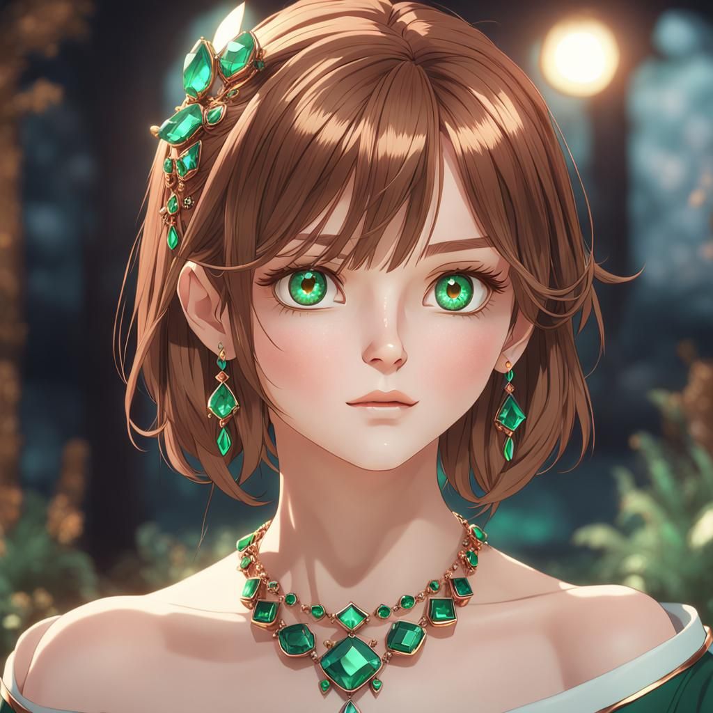 Anime Woman with Emerald Jewelry in 3D