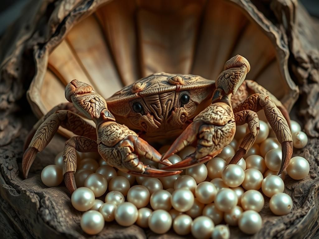 Wood Carving: Crab and its treasure in a clamshell