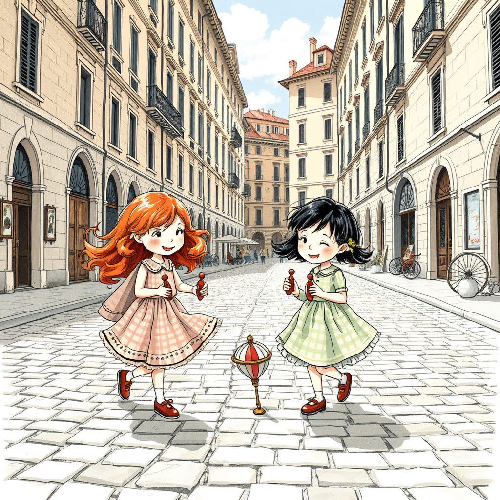 Girls Playing in Italian Square, Children's Book Illustratio...