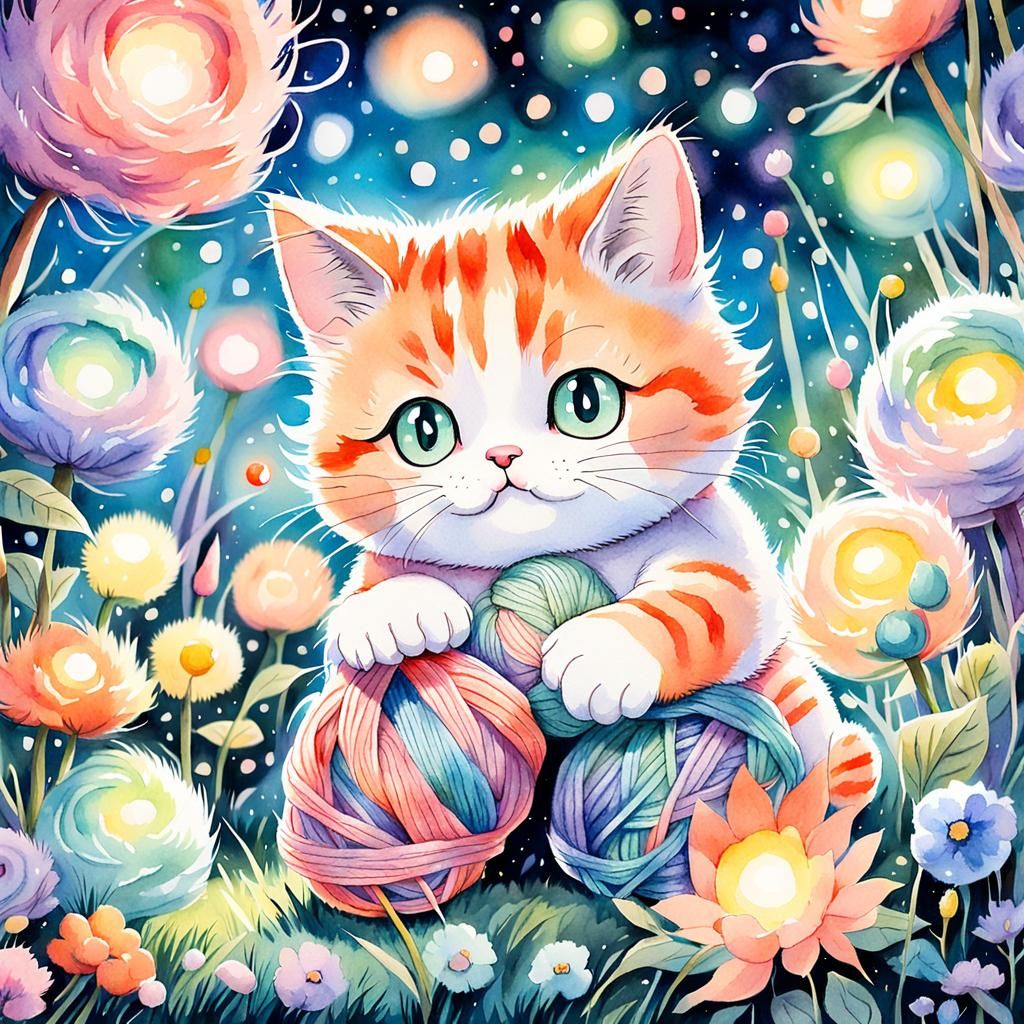 Whimsical Watercolor Manga of Chubby Baby Cat Playing