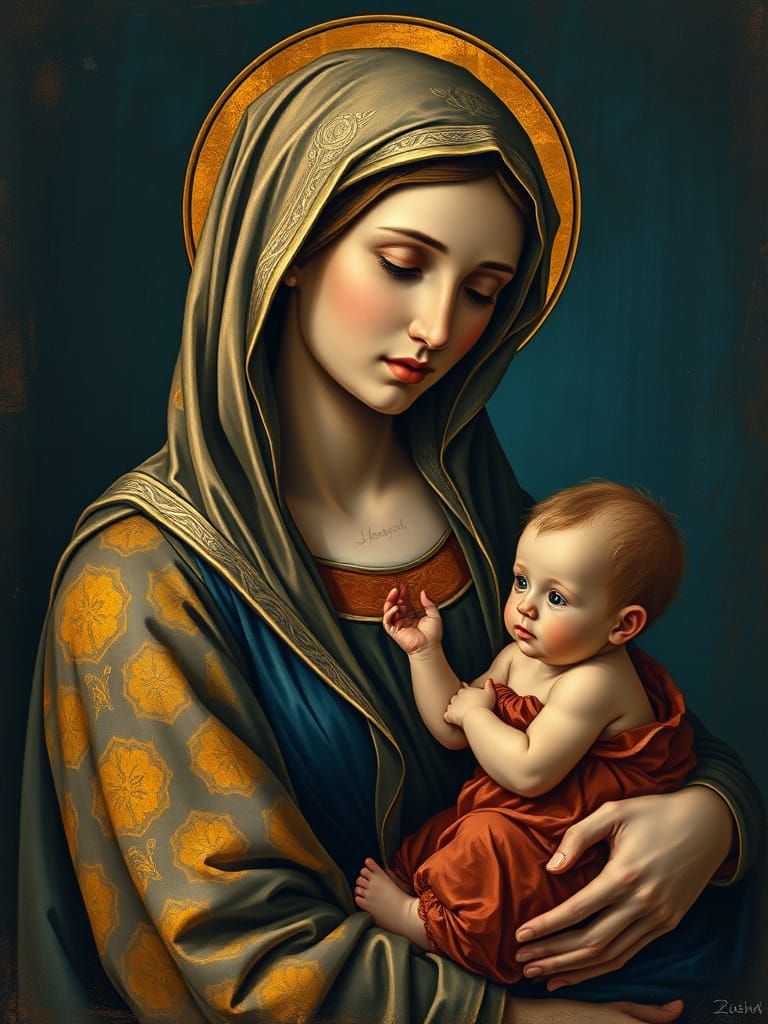 Renaissance Virgin Mary Portrait in Golden Light