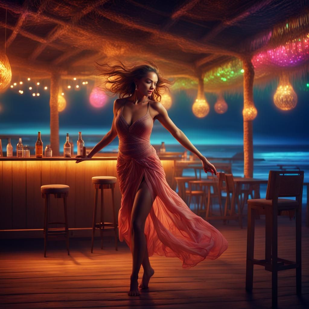 Woman Dancing at Beach Bar in Colorful Night
