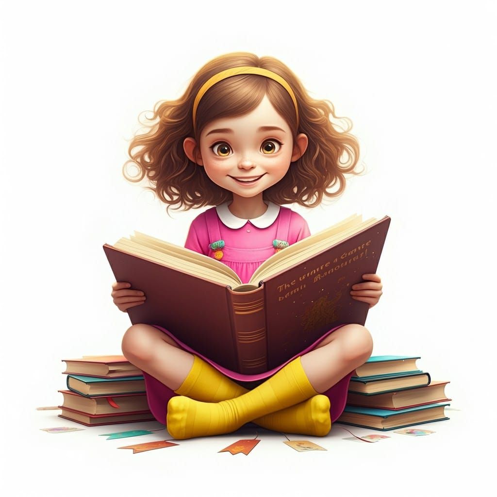 Girl Reading Storybook in Fantasy Art Style