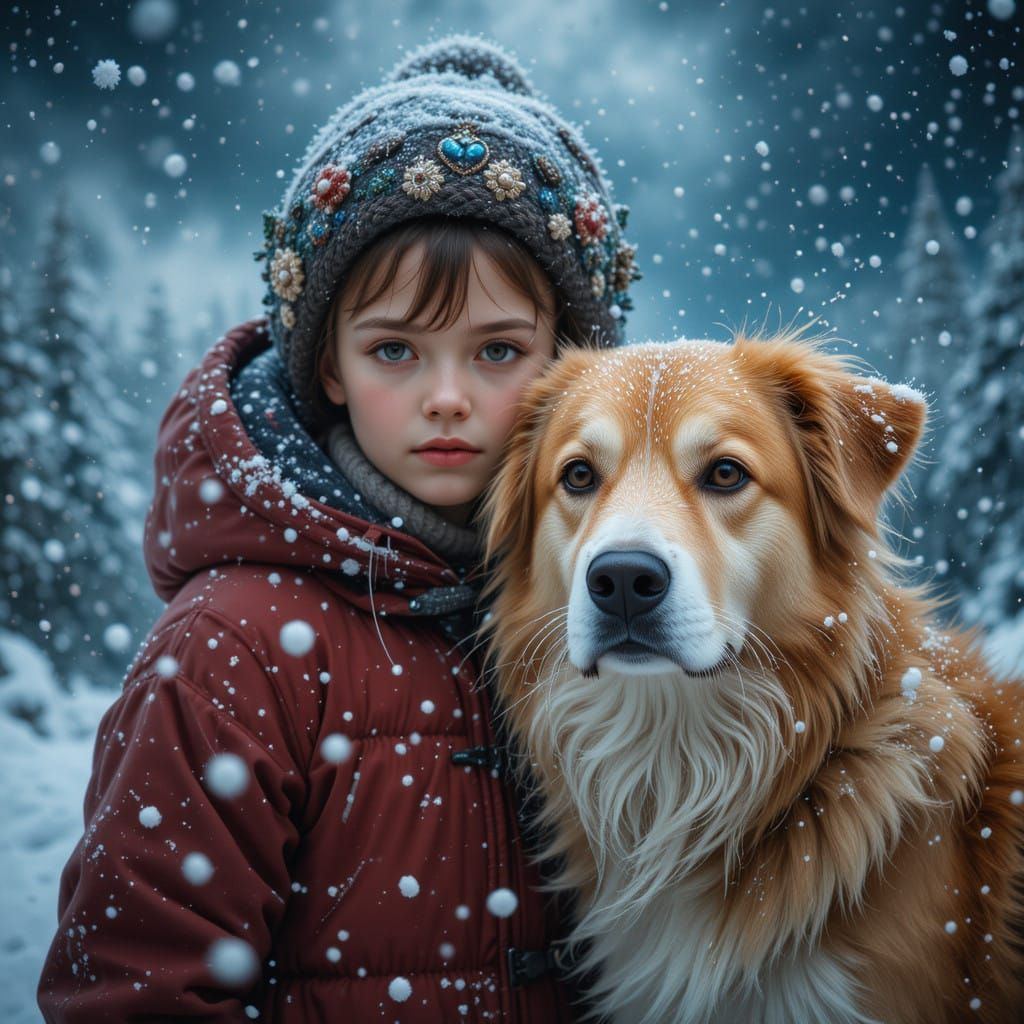 Child and Faithful Dog in Snowy Storm Abstraction