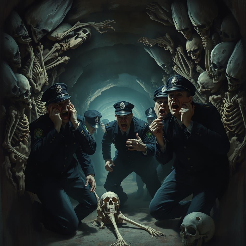 Distressed Police Officers in Macabre Paris Catacombs