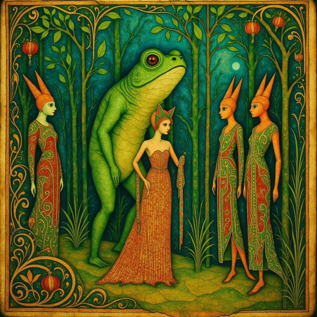 Giant Toad and Fox Bride Wedding in Forest, Matisse Style