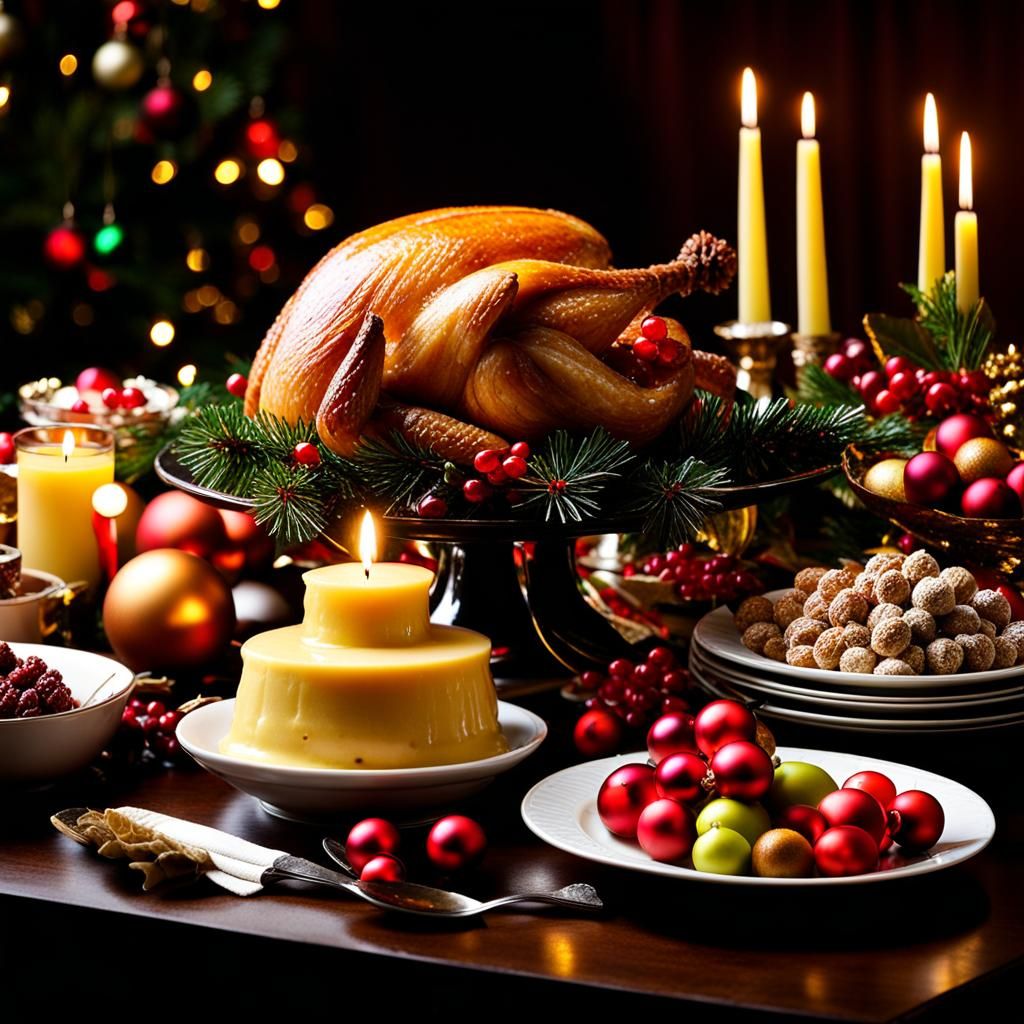 Festive Christmas Feast on Dark Oak Table