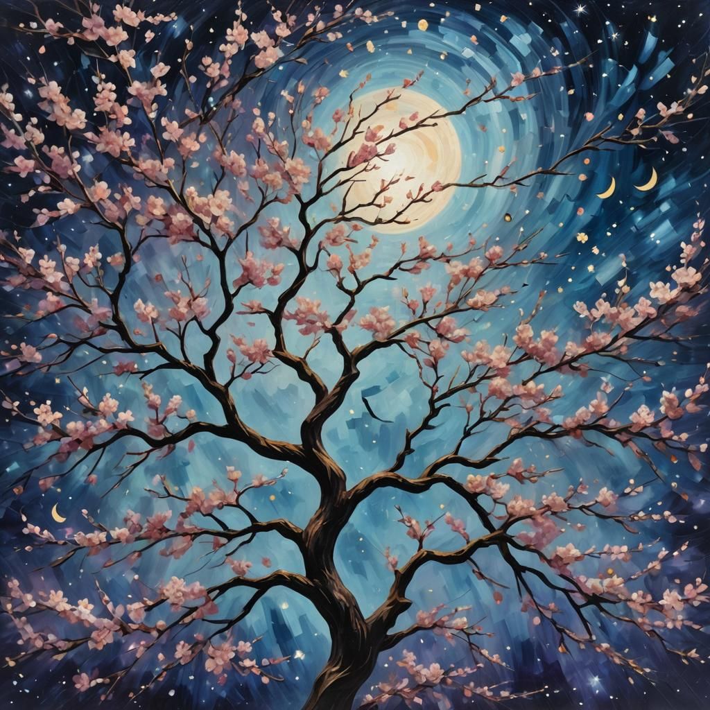 Surreal Cherry Blossom Tree in Impasto Oil Painting