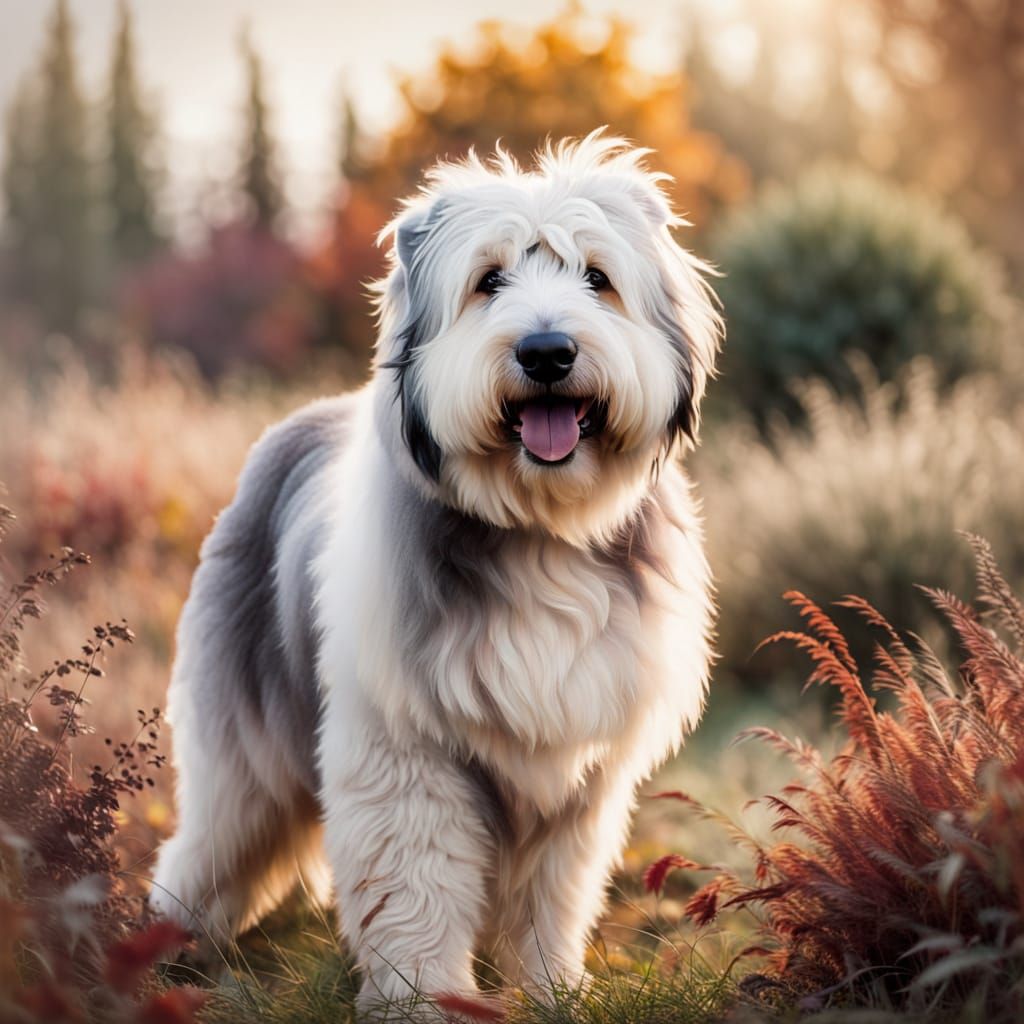 Ethereal Old English Sheepdog in Autumn Landscape