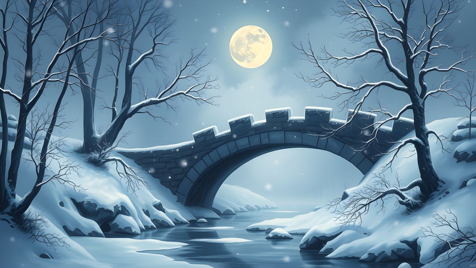 Dreamlike Winter Valley with Stone Bridge in Watercolour