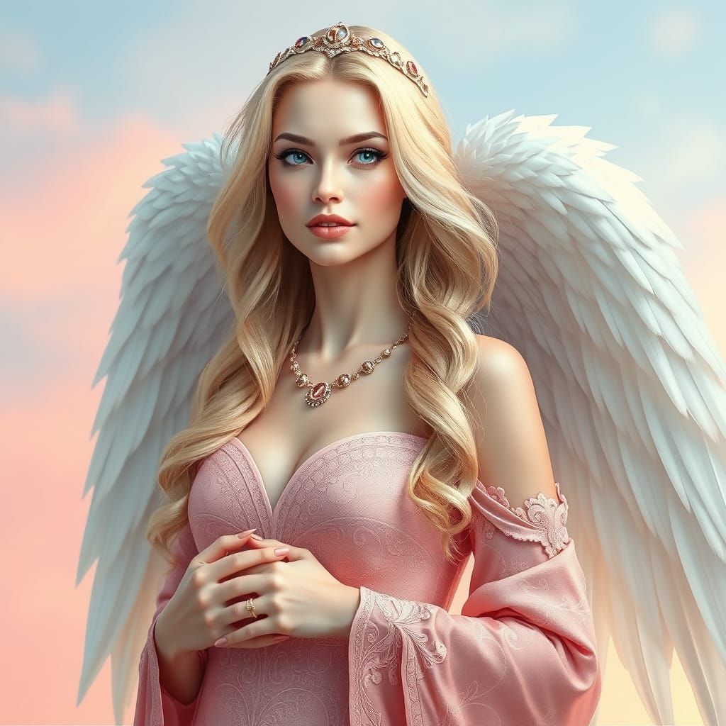 Ethereal Siren in Pink Art Nouveau Gown with Majestic Wings