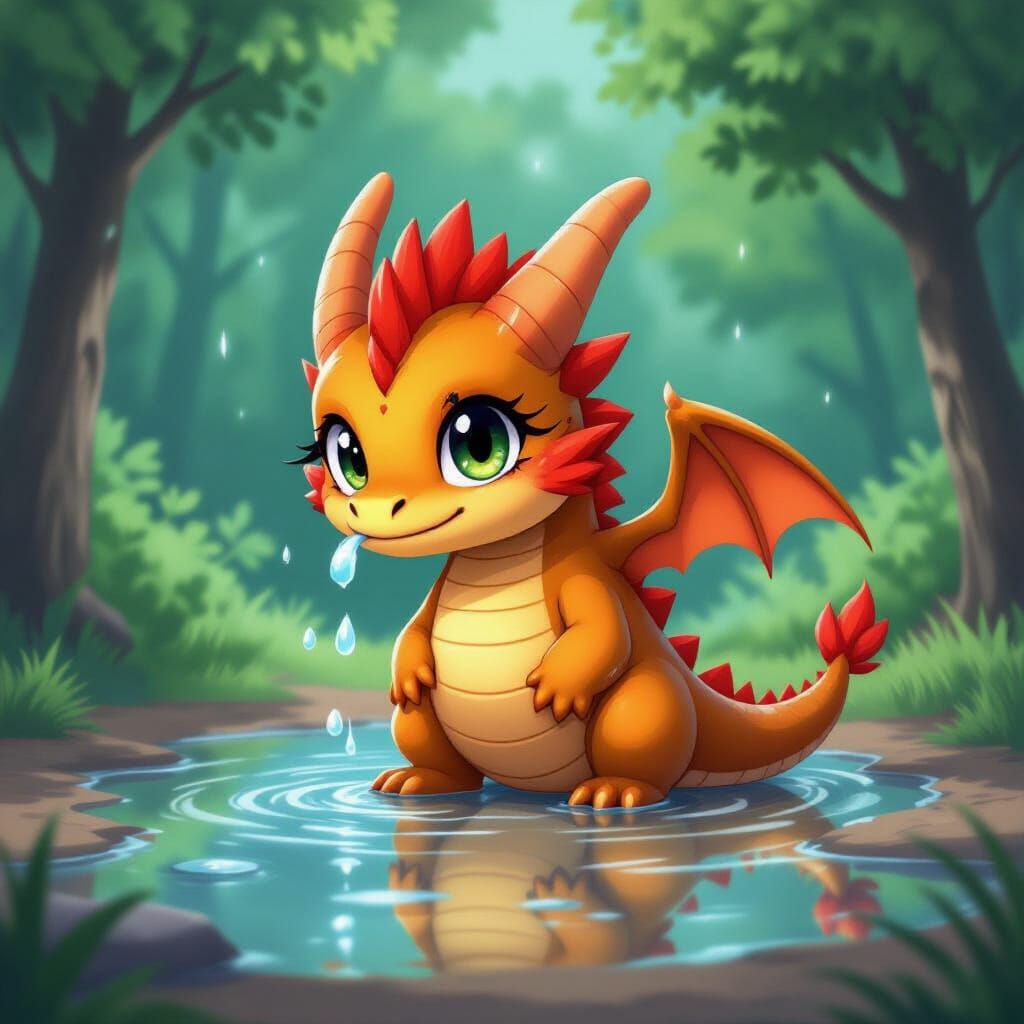 Chibi Dragon Playing in Puddle Anime Style