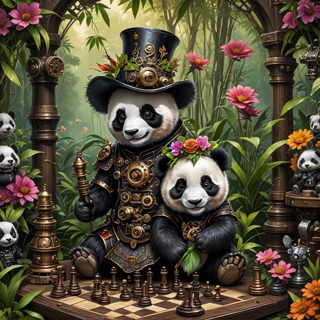 Steampunk Panda Cub Chess Masterpiece