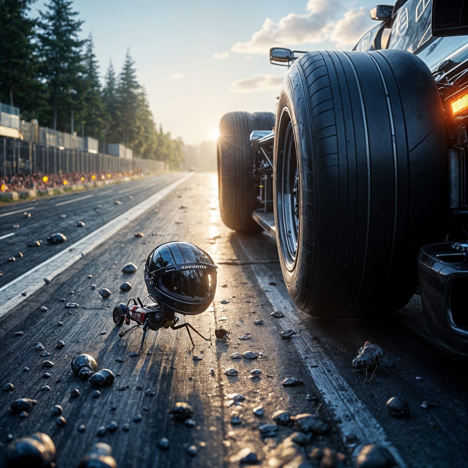 An Ant's Close Call with a Speeding Race Car