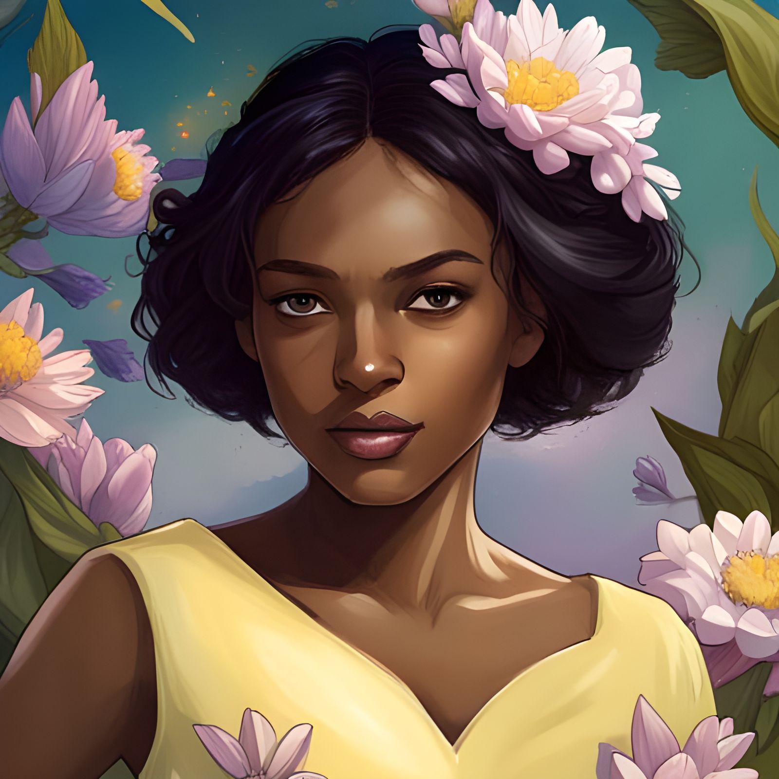 Depict brown skin girl as a floral fairy, yellow dress with delicately illustrated flowers creating an enchanting scene....