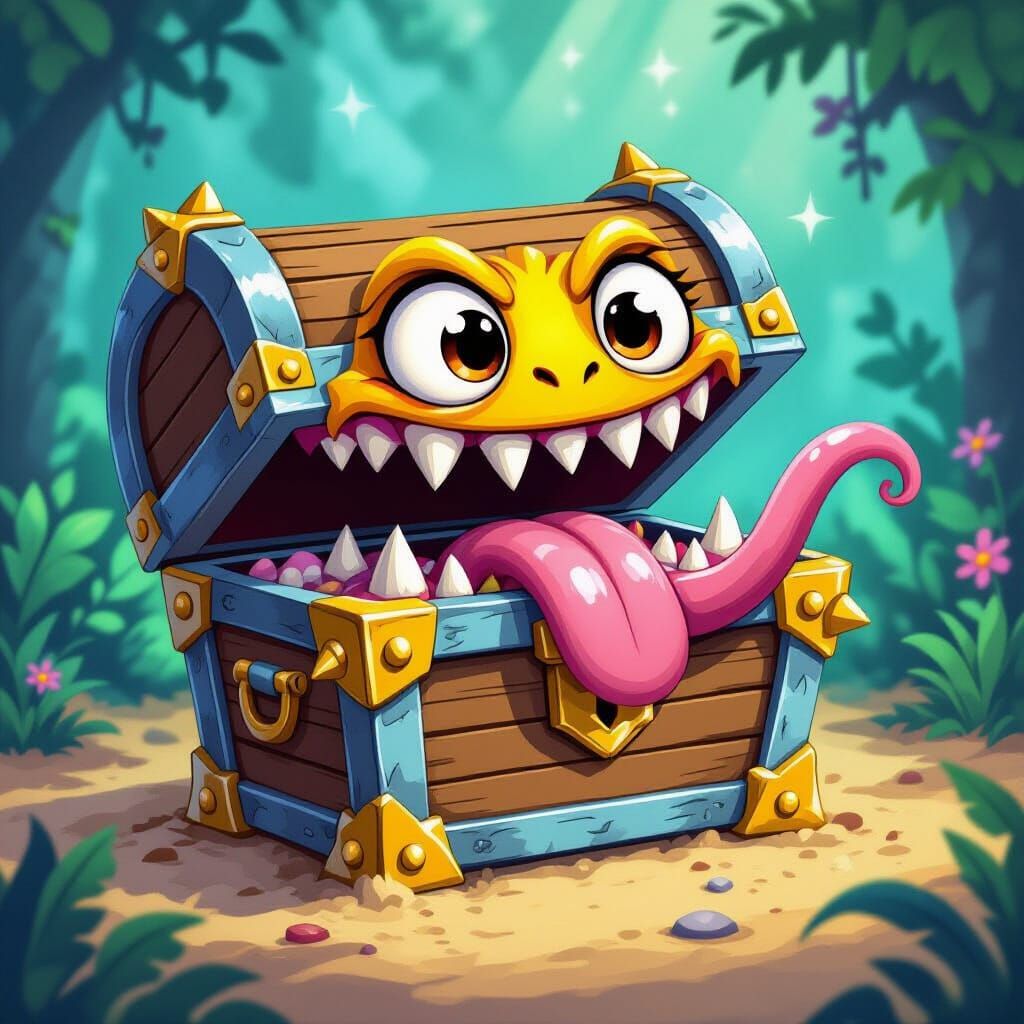 Cartoon Mimic Chest in Whimsical Fantasy Style